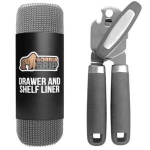 gorilla grip drawer and shelf liner and manual hand held can opener, shelf liner size 17.5 in x 10 ft, strong grip, large lid openers for kitchen, both in gray, 2 item bundle