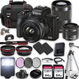 canon eos m50 mark ii mirrorless camera w/ef-m 15-45mm f/3.5-6.3 is stm lens + ef-m 55-200mm f/4.5-6.3 is stm lens + 2x 64gb memory + case + filters + tripod + more (35pc bundle)