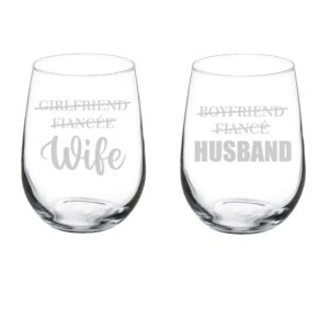 mip set of 2 wine glass goblet gift girlfriend fiancee wife boyfriend fiance husband husband and wife wedding for couple bride and groom (17 oz stemless)