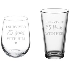 mip set of 2 glasses stemless wine & beer pint glass gift i survived 25 years 25th anniversary