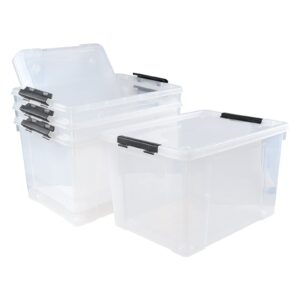 drephia 4 pack clear storage latch bin with lid, 34 l plastic wheeled storage box