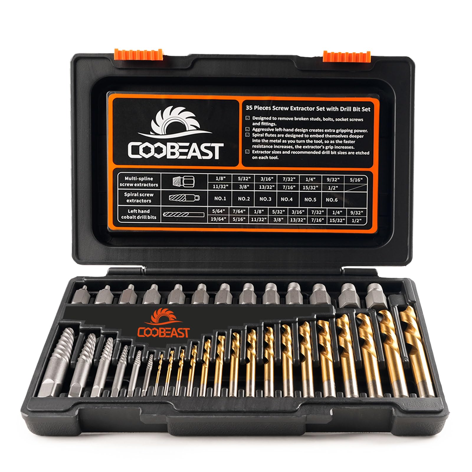 Coobeast 35 Pcs Screw Extractor and Left Hand Drill Bits Set, Easy Out Screw Extractor Kit with HSS Steel Reverse Drill Bit for Broken Nuts, Stripped Bolts Remove