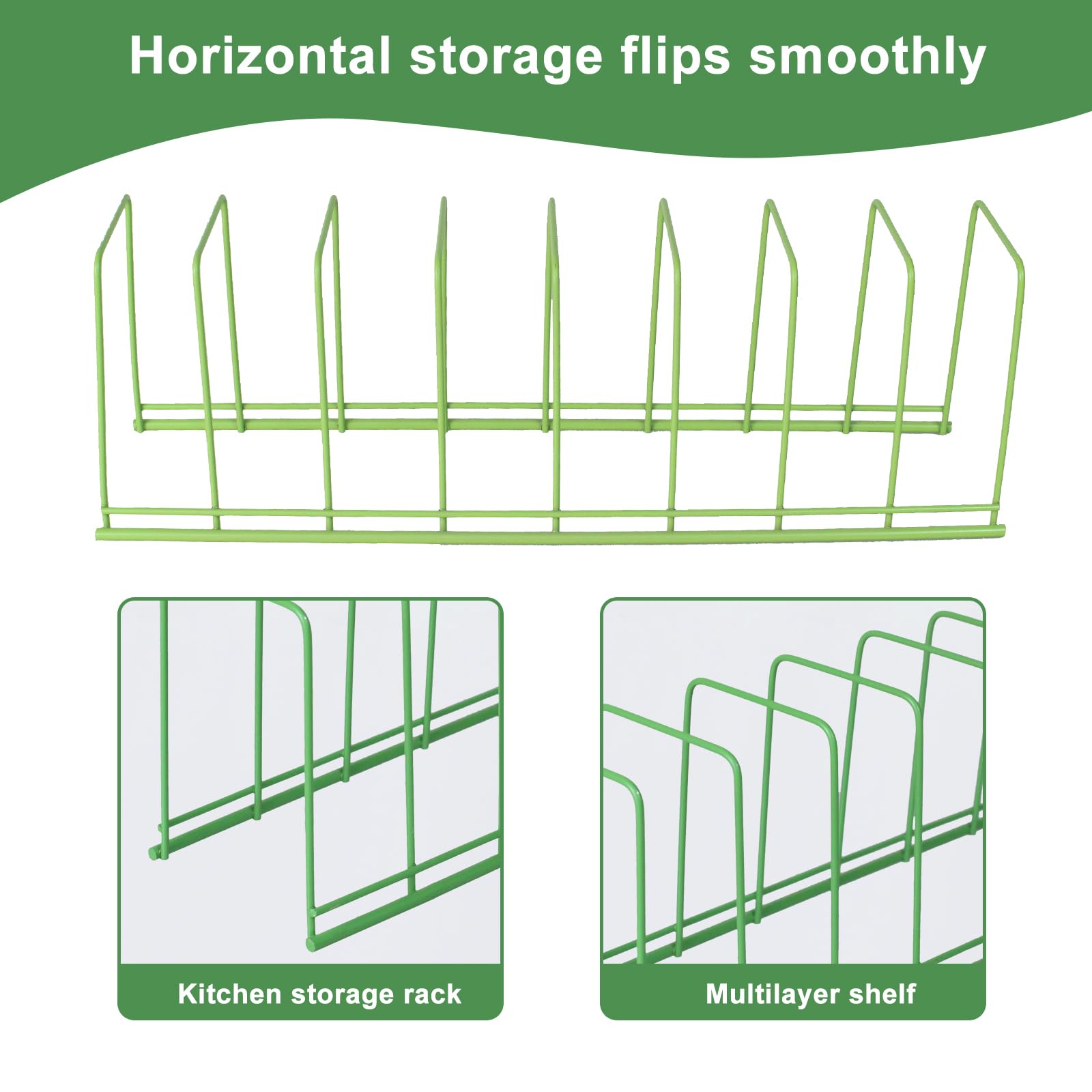 Antuoo Pot Lid Organizer Rack for Cabinet, 2 PCS Stainless Steel Metal Wire Kitchen Cabinet Holder with 8 Slots for Frying Pan, Baking Sheets, Skillets, Cutting Boards, and Appliances (Green)