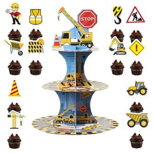 cupcake stand for construction birthday party supplies with 12pcs cupcake toppers, construction cupcake holder for birthday decorations, 3 tier cupcake stand for boys birthday cake decorations