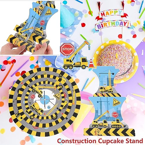 Cupcake Stand for Construction Birthday Party Supplies with 12pcs Cupcake Toppers, Construction Cupcake Holder for Birthday Decorations, 3 Tier Cupcake Stand for Boys Birthday Cake Decorations