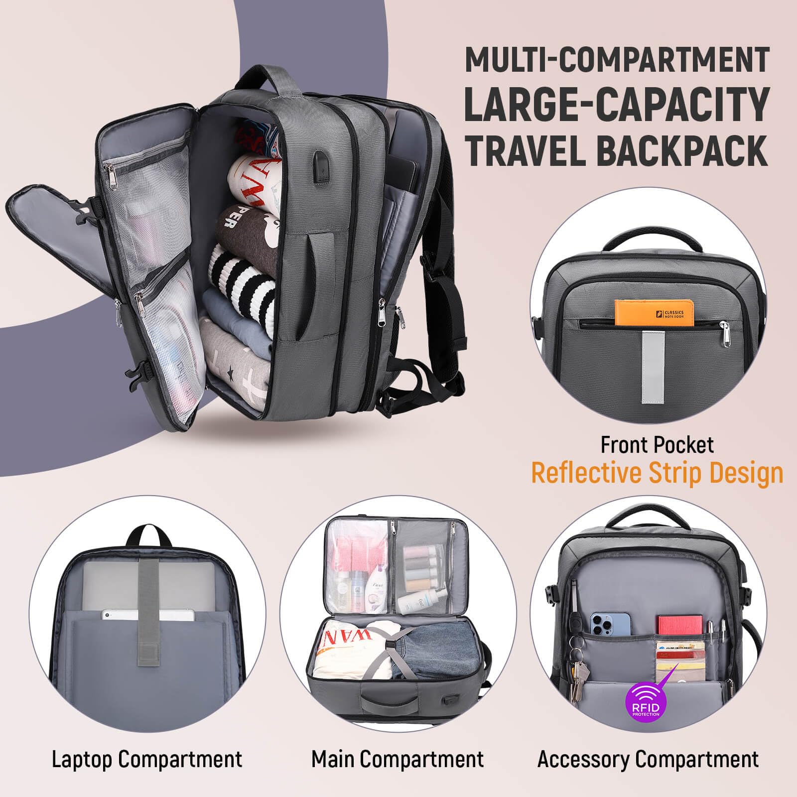 DWQOO Extra Large Travel Backpack for Men and Women, Flight Approved Carry on Backpack, Expandable Personal Item Backpack with Shoe Bag, 17.3" Laptop Backpack with USB Port for Weekender Hiking, Grey