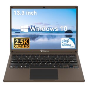 a dreamer laptop computer 13.3 inch 2.5k qhd ips 16:10 screen, windows 10 laptop intel n4020 ssd replaceable portable traditional laptop, brown pc (6g+256gb)