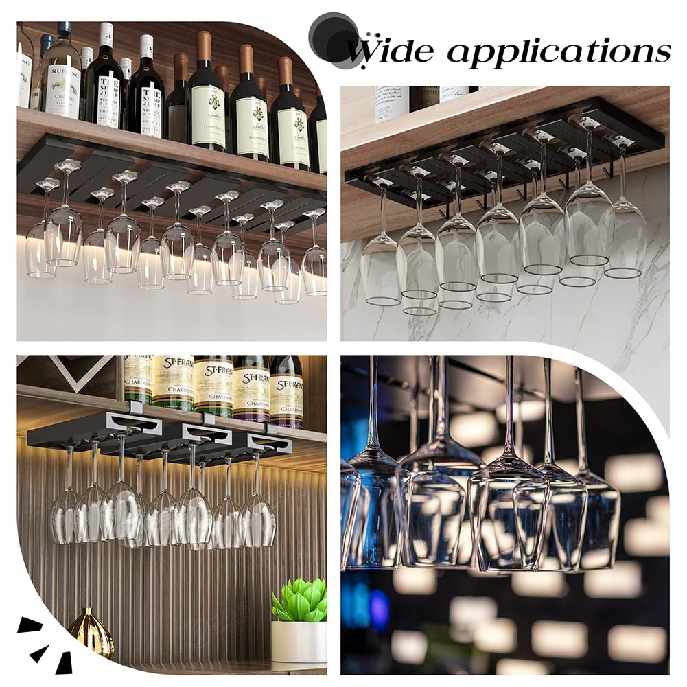 AHANDMAKER 4 Pack Plastic Wine Glass Rack, Black Wine Glass Storage Hanger Under Cabinet Goblet Rack Wall Mounted Hanging Shelf Wine Cup Display Stand with Self-Adhesive Tape for Kitchen Restaurant