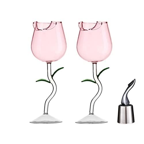 JMOREGO Creative Rose Flower Wine Glasses Crystal Red Wine Glasses, Goblet Wine Cocktail Juice Glass for Party Wedding Festival Bar Celebration,Stainless steel champagne red wine stopper (Pink)