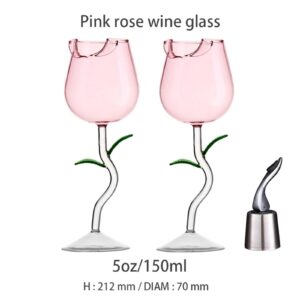 JMOREGO Creative Rose Flower Wine Glasses Crystal Red Wine Glasses, Goblet Wine Cocktail Juice Glass for Party Wedding Festival Bar Celebration,Stainless steel champagne red wine stopper (Pink)