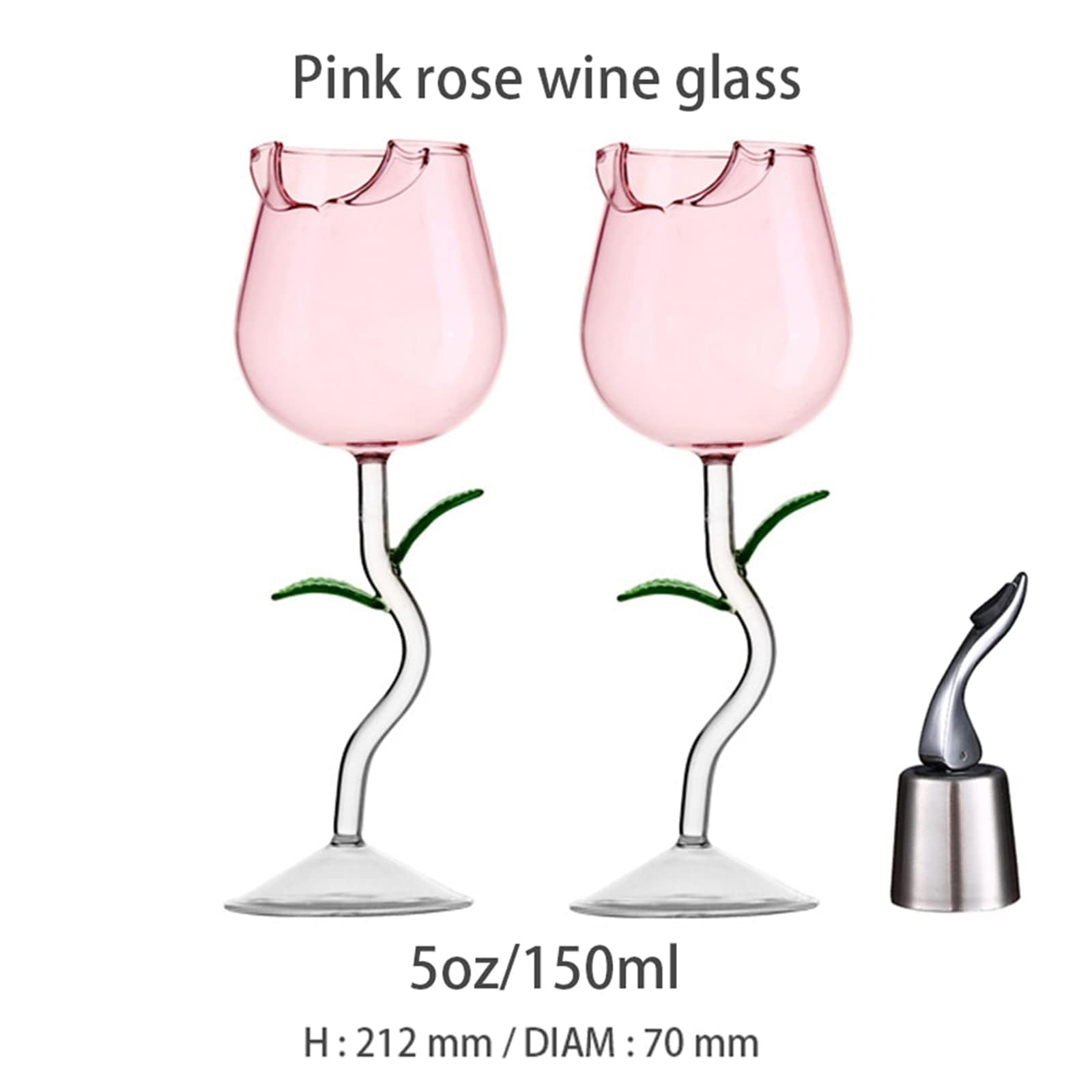 JMOREGO Creative Rose Flower Wine Glasses Crystal Red Wine Glasses, Goblet Wine Cocktail Juice Glass for Party Wedding Festival Bar Celebration,Stainless steel champagne red wine stopper (Pink)