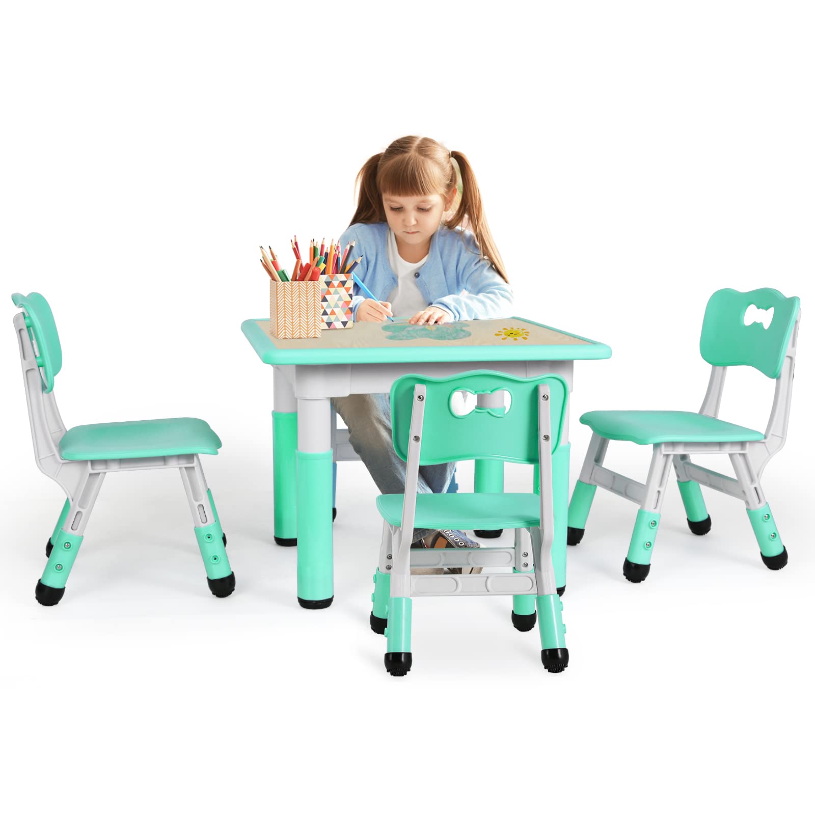 AuAg Kids Table and 4 Chairs Set, Height Adjustable Toddler Study Table and Chair Set for Age 2-10, Multi-Activity Art Table W/Graffiti&Scrubtable Desktop, for Daycare, Classroom, Home (Mint Blue)