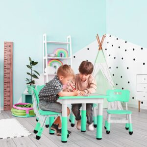 AuAg Kids Table and 4 Chairs Set, Height Adjustable Toddler Study Table and Chair Set for Age 2-10, Multi-Activity Art Table W/Graffiti&Scrubtable Desktop, for Daycare, Classroom, Home (Mint Blue)