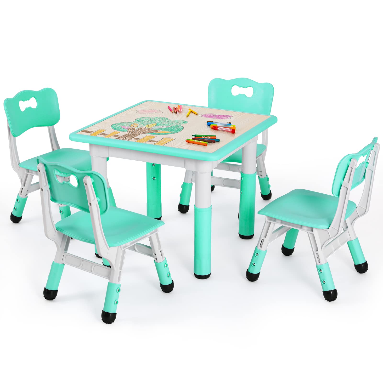 AuAg Kids Table and 4 Chairs Set, Height Adjustable Toddler Study Table and Chair Set for Age 2-10, Multi-Activity Art Table W/Graffiti&Scrubtable Desktop, for Daycare, Classroom, Home (Mint Blue)