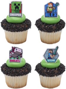 decopac minecraft lush finds rings, cupcake decorations featuring creeper, alex, steve and axolotl! multicolored 3d food safe cake toppers – 24 pack