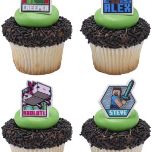 DecoPac Minecraft Lush Finds Rings, Cupcake Decorations Featuring Creeper, Alex, Steve and Axolotl! Multicolored 3D Food Safe Cake Toppers – 24 Pack