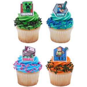 DecoPac Minecraft Lush Finds Rings, Cupcake Decorations Featuring Creeper, Alex, Steve and Axolotl! Multicolored 3D Food Safe Cake Toppers – 24 Pack