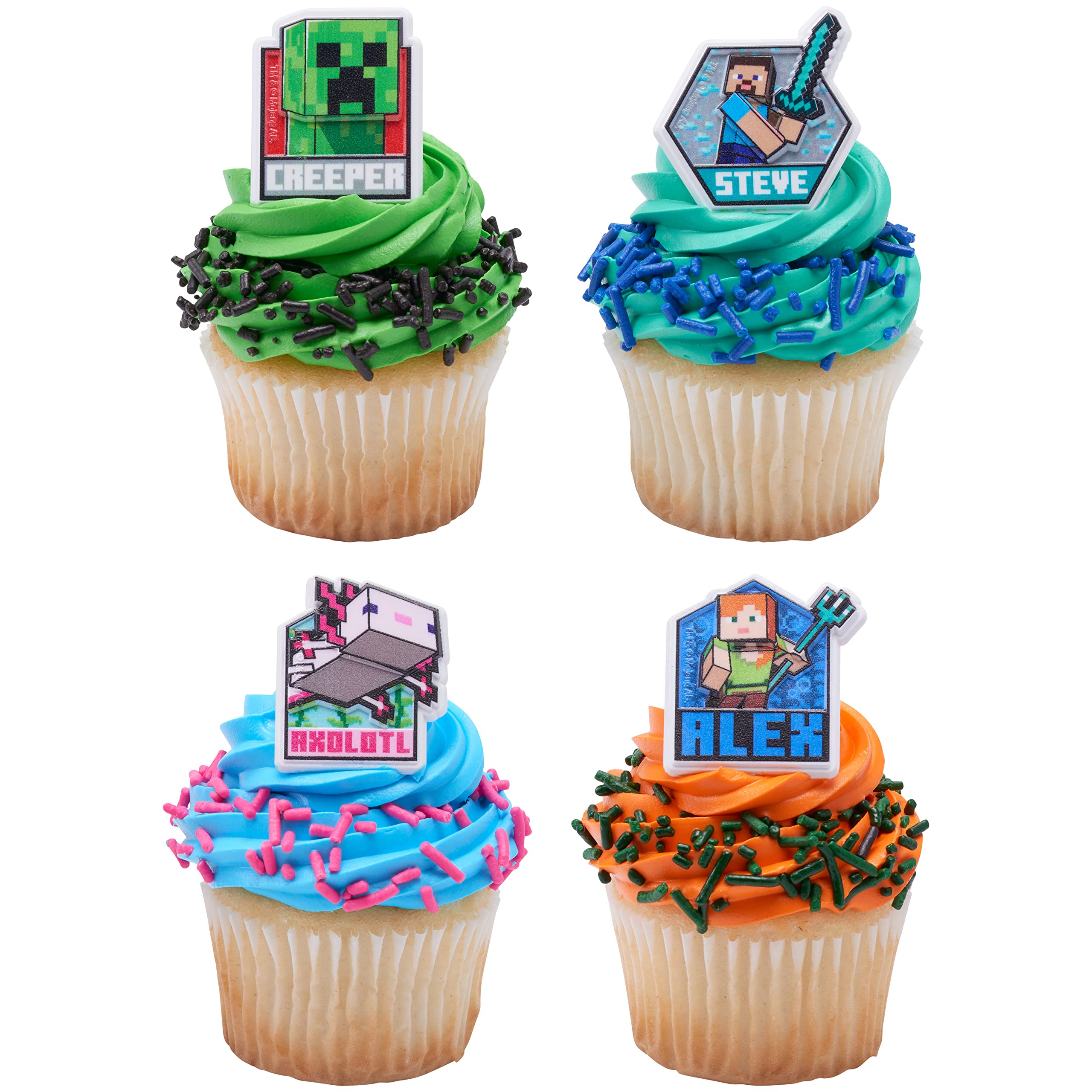 DecoPac Minecraft Lush Finds Rings, Cupcake Decorations Featuring Creeper, Alex, Steve and Axolotl! Multicolored 3D Food Safe Cake Toppers – 24 Pack