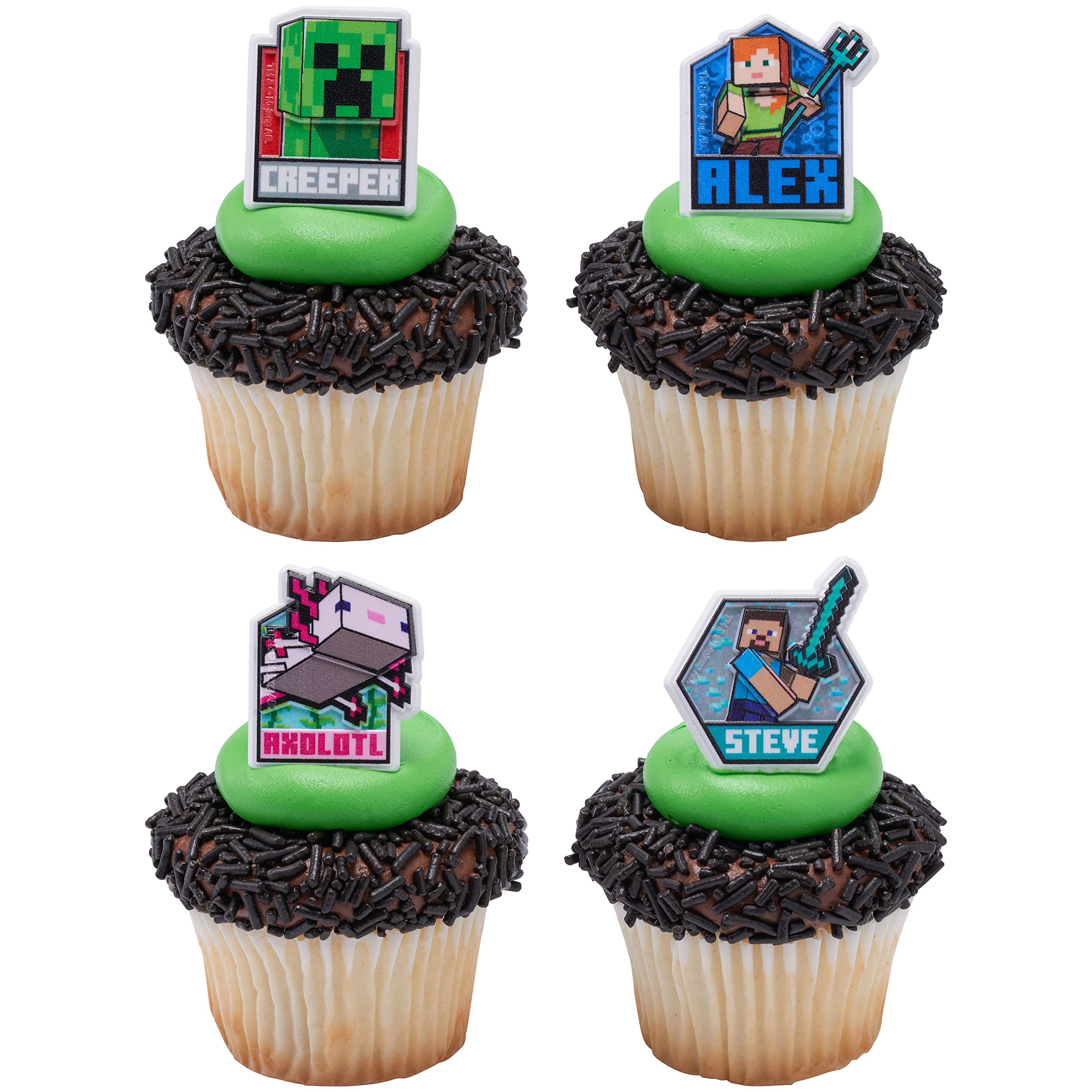 DecoPac Minecraft Lush Finds Rings, Cupcake Decorations Featuring Creeper, Alex, Steve and Axolotl! Multicolored 3D Food Safe Cake Toppers – 24 Pack