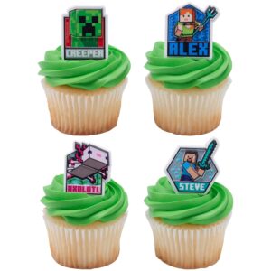 DecoPac Minecraft Lush Finds Rings, Cupcake Decorations Featuring Creeper, Alex, Steve and Axolotl! Multicolored 3D Food Safe Cake Toppers – 24 Pack