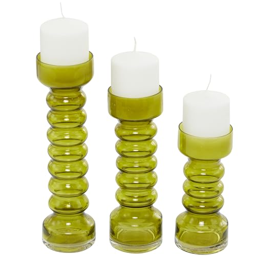 The Novogratz Glass Bubble Pillar Candle Holder, Set of 3 13", 11", 11" H, Green