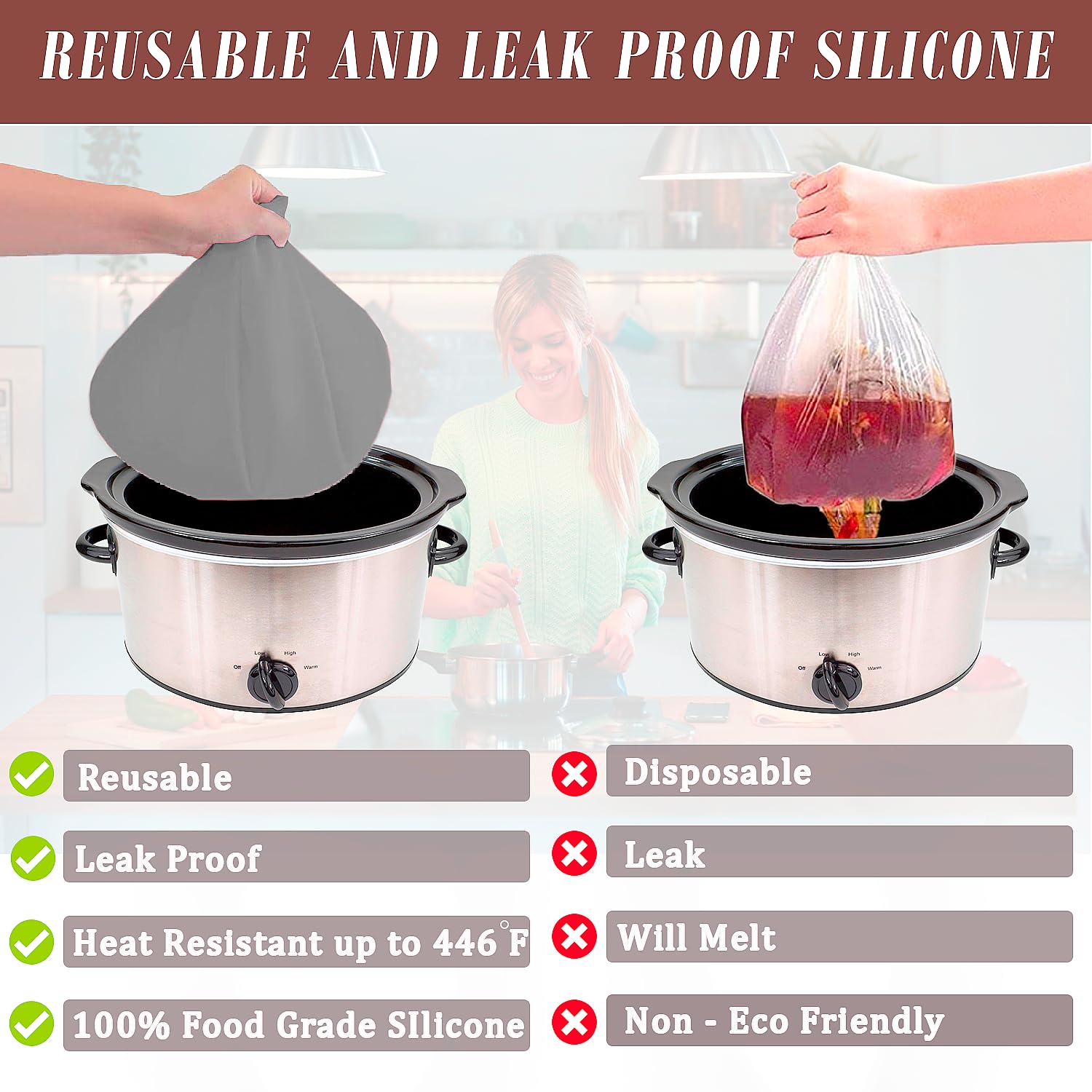 EMERALDSR Silicone Slow Cooker Liners - (Pack of 3) Reusable & Leakproof Liners - Ideal for Oval & Round Pot - Fits on 6 to 8 QT Pot - Grey, Yellow & Black Color