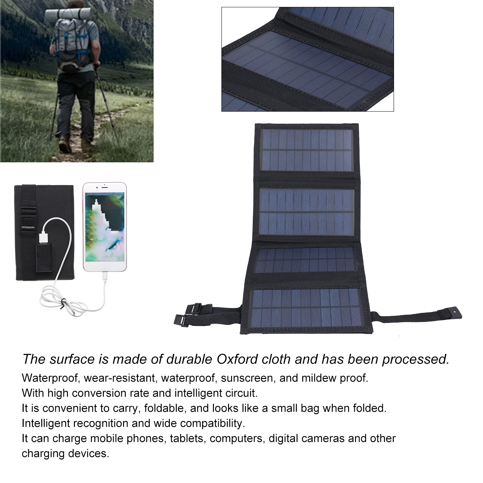 20W USB Solar Panel Foldable Portable Polycrystalline Silicon Solar Cell, Outdoor Charger, Suitable for Outdoor Camping and Travel (Black)