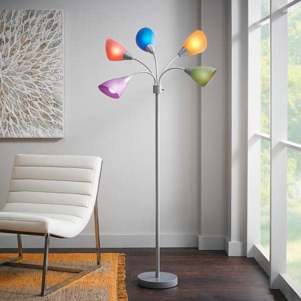 Medusa Multi Head Standing Lamp Bedroom Light with 5 Adjustable Multi-Colored Acrylic Reading Shades - 5 Light Floor Lamp Adjustable Lamp (Silver)