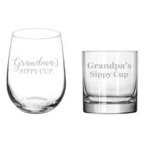 mip set of 2 glasses stemless wine & rocks whiskey gift grandma and grandpa's sippy cups grandparents