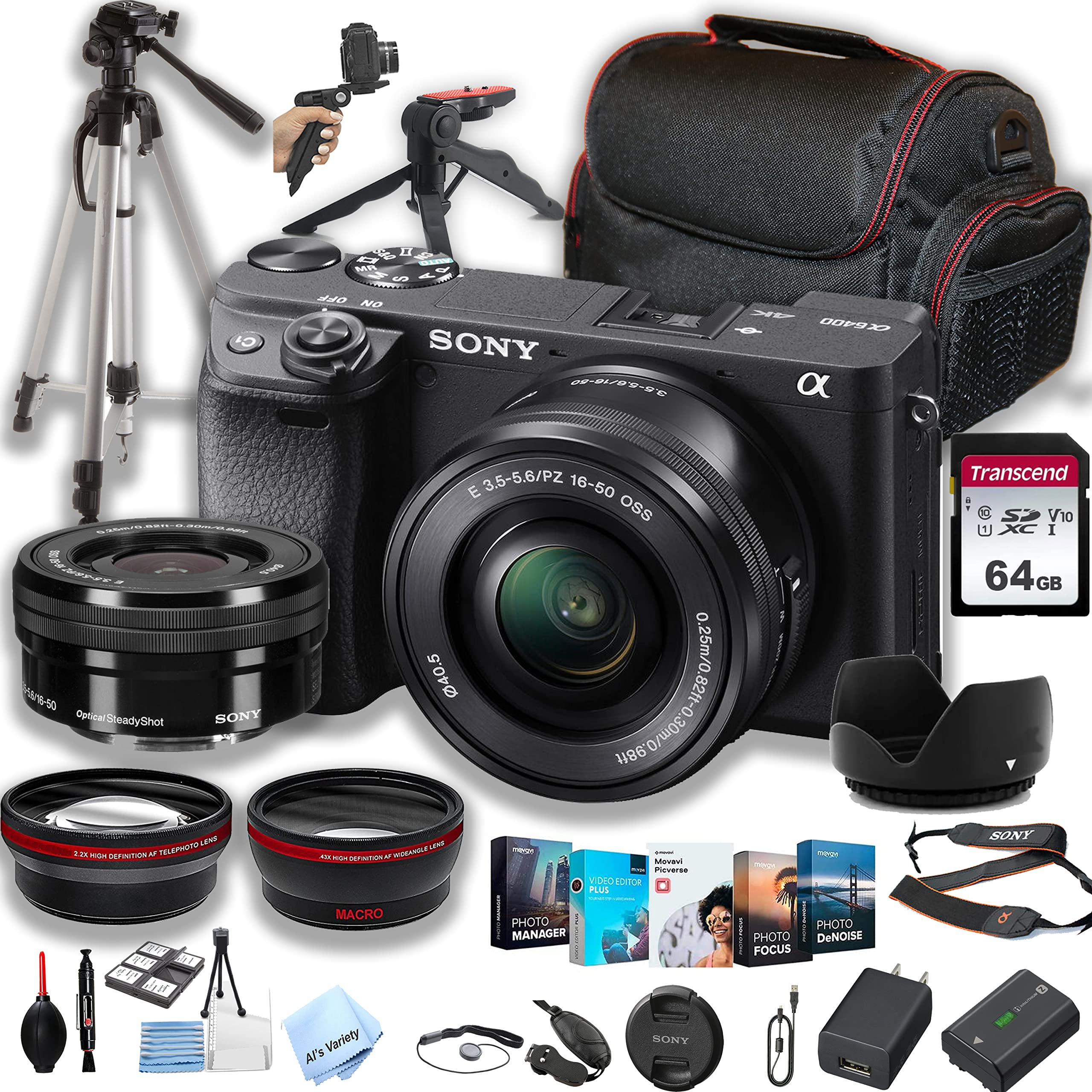 Sony a6400 Mirrorless Camera with 16-50mm Lens + 64GB Memory + Case+ Steady Grip Pod + Tripod+ Macro + 2X Lens + Software Pack + More (34pc Bundle)