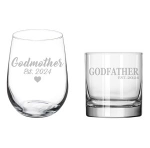 mip set of 2 glasses stemless wine & rocks whiskey gift godmother est 2024 and godfather est 2024