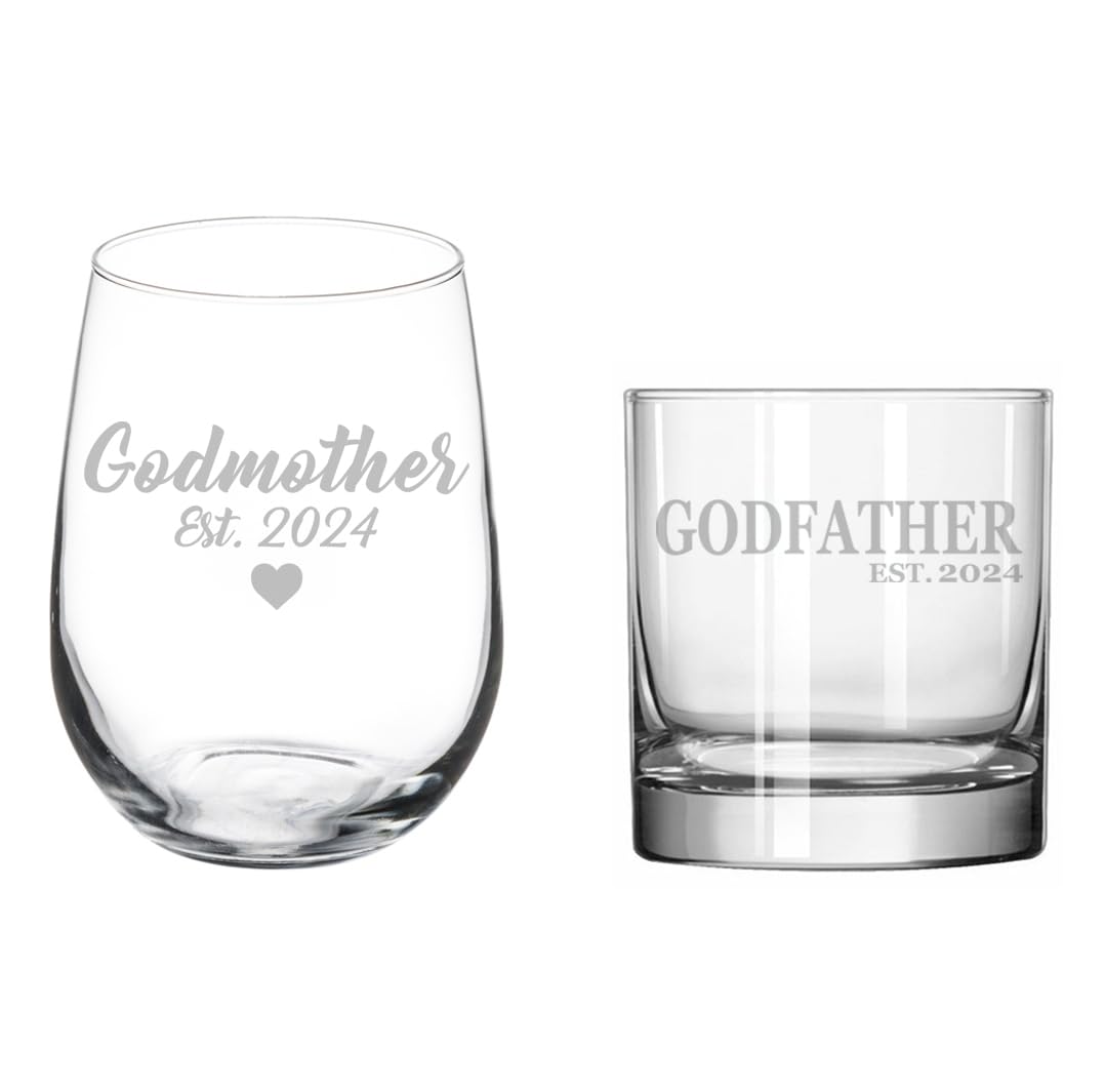 MIP Set of 2 Glasses Stemless WINE & ROCKS Whiskey Gift Godmother Est 2024 And Godfather Est 2024