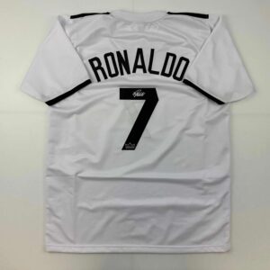 facsimile autographed cristiano ronaldo real madrid white reprint laser auto soccer jersey size men's xl