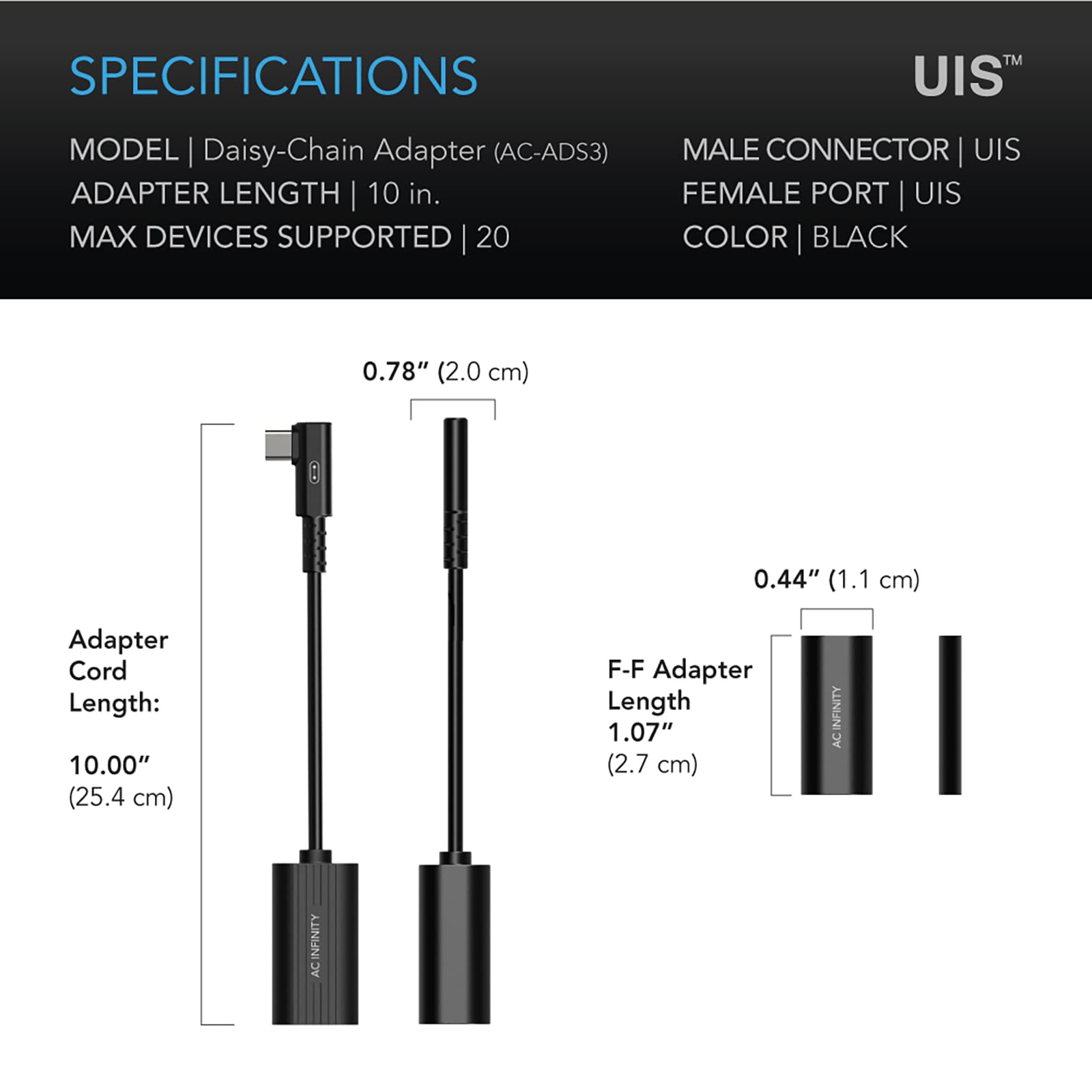 AC Infinity UIS 2-in-1 Splitter, Daisy-Chain Adapter Dongle, L-Shaped Sequential Connection Cable Cord, Right Angle Piggyback Connector for LED Grow Lights, EC Motor Fans