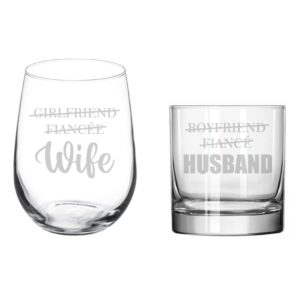 mip set of 2 glasses stemless wine & rocks whiskey gift girlfriend fiancee wife boyfriend fiance husband husband and wife wedding for couple bride and groom