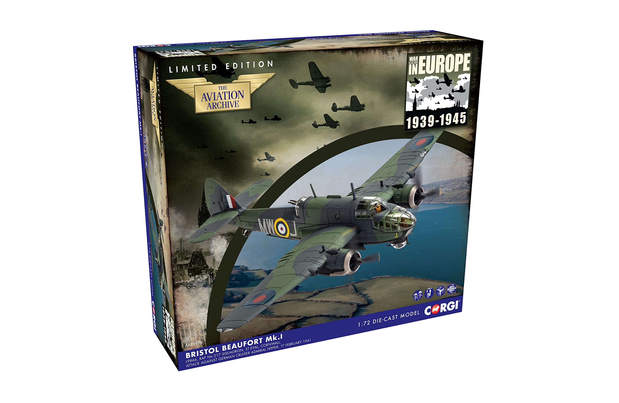 Corgi Diecast Bristol Beaufort MK I 'Admiral Hipper' Attack 1:72 WWII RAF Military Aircraft Display Model AA28902