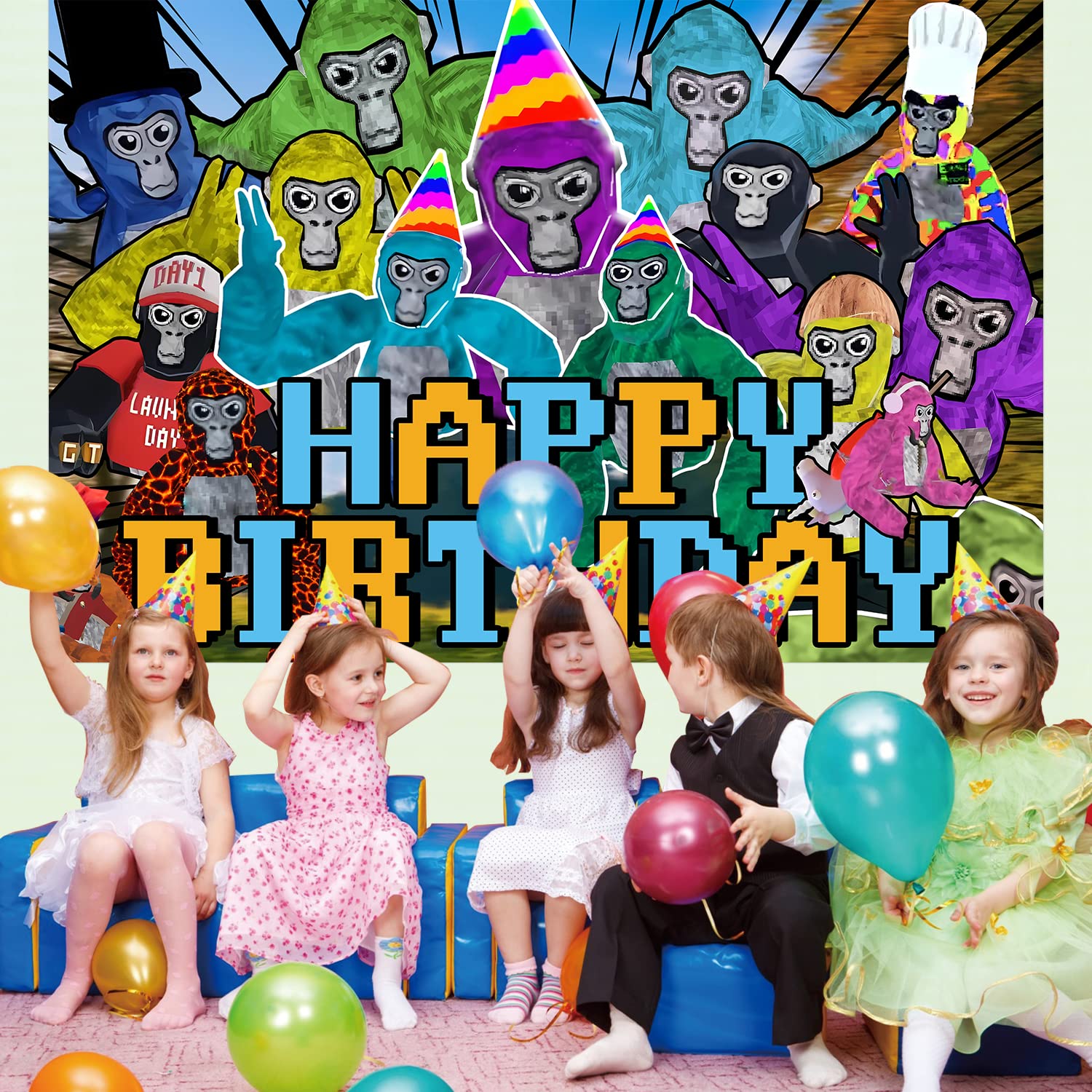 5x3FT Gorilla Game Happy Birthday Banner, Gorilla Game Birthday Decorations for Children Happy Birthday Banner Gorilla Game Party Supplies Photography Background Decorations