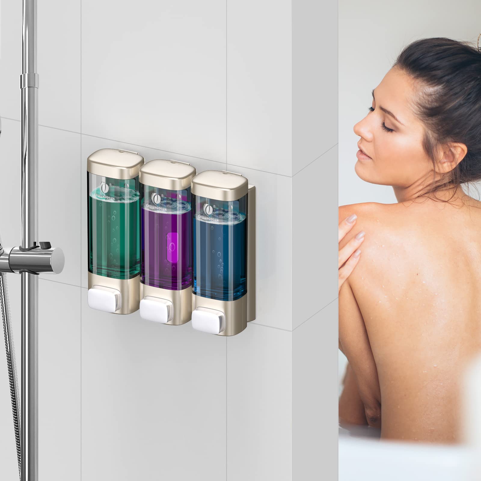 Soap Dispenser for Shower Wall 320mlx3 Chamber Gold No Drill Body Wash Shampoo and Conditioner Dispenser Bathroom