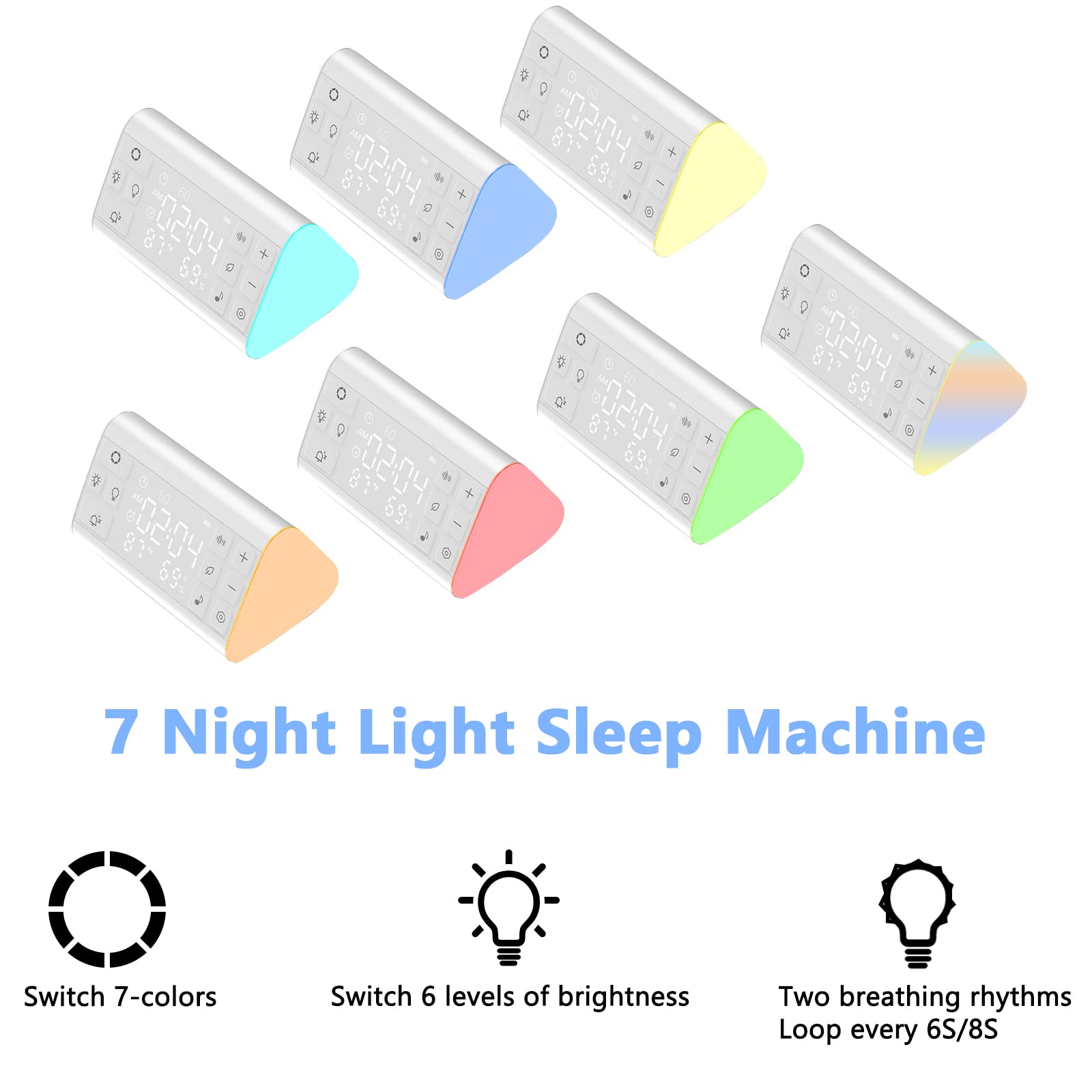 5 in 1 White Noise Sound Machine for Sleeping, Portable Sound Machine with 35 Soothing Sounds, 7 Color Night Light, Clocks Alarm Timer Temperature Humidity, Sound Machine for Adults Office Privacy