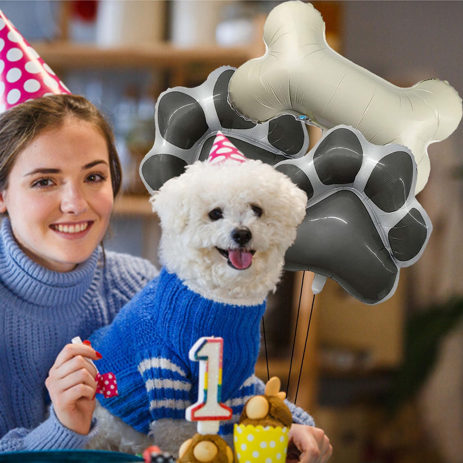 GLASNES Dog Party Balloons Decorations, 2Pcs Grey Dog Paw Shaped Foil Balloons 1Pcs Bone Shaped Foil Balloons for Pets Party Kids Birthday Baby Shower Decorations