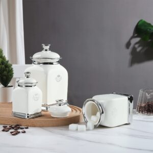 fanquare White Canisters Set of 3, Farmhouse Porcelain Cookie Jars for Countertop, Large Ceramic Sugar Container with Lid, Spice Jar with Label