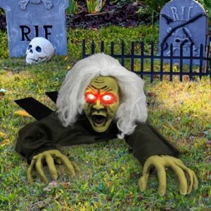 hourleey halloween outdoor decorations, animated zombie groundbreaker climbing prop halloween decor with lighted eyes and scary sound for graveyard haunted house indoor lawn yard