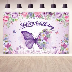 butterfly happy birthday backdrop, purple butterfly decorations banner for girl women floral butterfly backdrop for baby shower fairy birthday decorations, spring butterfly birthday party supplies