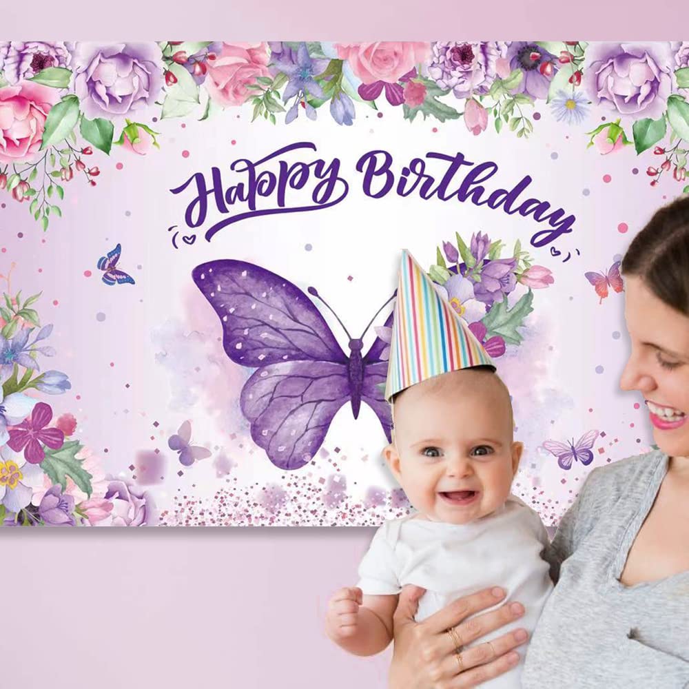 Butterfly Happy Birthday Backdrop, Purple Butterfly Decorations Banner for Girl Women Floral Butterfly Backdrop for Baby Shower Fairy Birthday Decorations, Spring Butterfly Birthday Party Supplies
