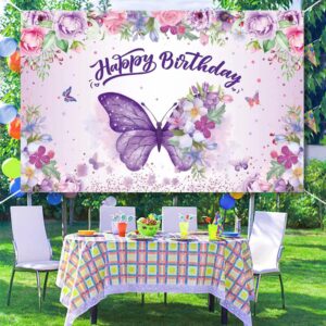Butterfly Happy Birthday Backdrop, Purple Butterfly Decorations Banner for Girl Women Floral Butterfly Backdrop for Baby Shower Fairy Birthday Decorations, Spring Butterfly Birthday Party Supplies