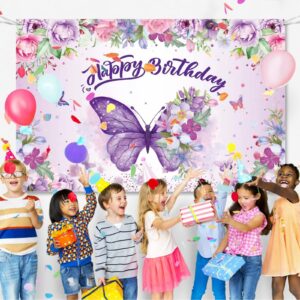 Butterfly Happy Birthday Backdrop, Purple Butterfly Decorations Banner for Girl Women Floral Butterfly Backdrop for Baby Shower Fairy Birthday Decorations, Spring Butterfly Birthday Party Supplies