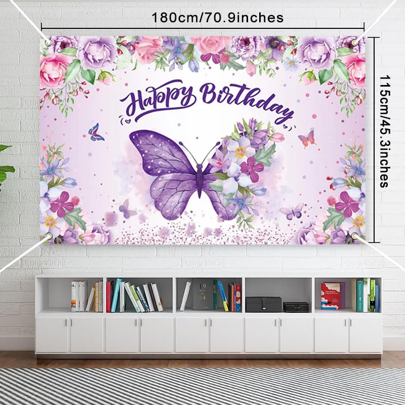 Butterfly Happy Birthday Backdrop, Purple Butterfly Decorations Banner for Girl Women Floral Butterfly Backdrop for Baby Shower Fairy Birthday Decorations, Spring Butterfly Birthday Party Supplies