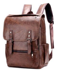 men's business travel backpack vintage pu leather large capacity bookbag 15.6 inch laptop daypacks (b/brown)