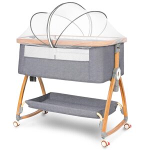 komcot baby bassinet, bedside bassinet for baby, 6 height adjustable baby bed, 3 in 1 bassinet bedside sleeper with wheels, mosquito net, portable bedside crib for infant/baby/newborn (light grey)