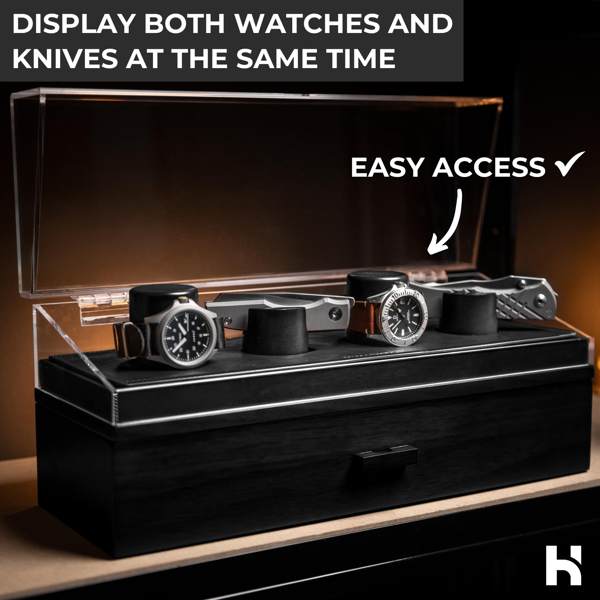 Watch & Pocket Knife Display Case – Switch Up Your Display with the Modular Pillars – Comes with Vegan Leather Padding and 4 Extra Pillars – The Combo Deck Pro – Lifetime Assarance Included